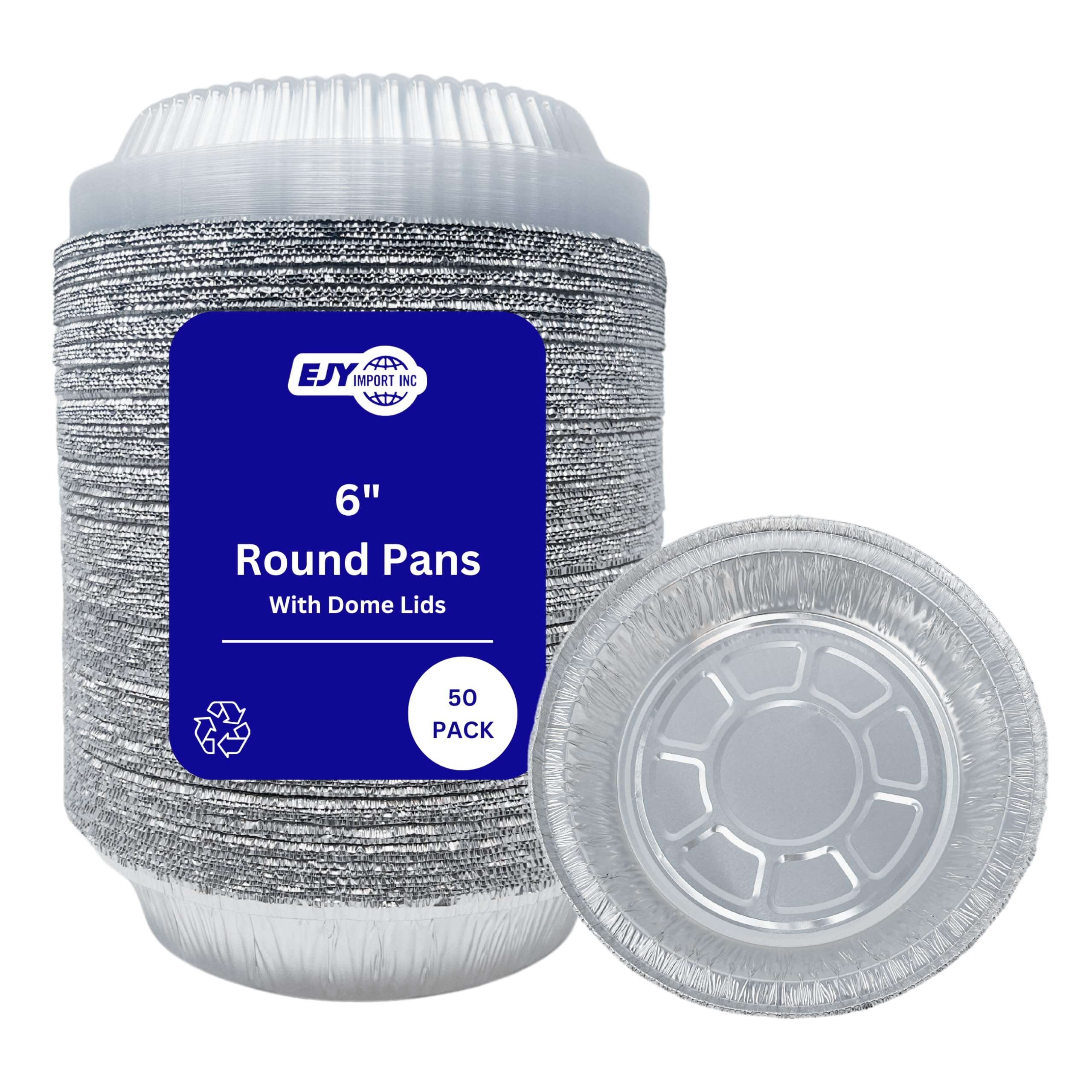 EJY IMPORT Round Disposable Aluminum Foil Pans With Clear Dome Lids (50, 6" Pan W/Dome Lids Set)