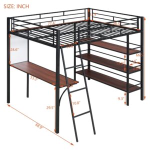 Favfurish Full Size Loft Metal Bed with 3 Layers of Shelves and Desk, Heavy Duty Stylish Bed Frame W/Whiteboard,Safety Guardrail & Ladder,for Kids Teens Adults,Black