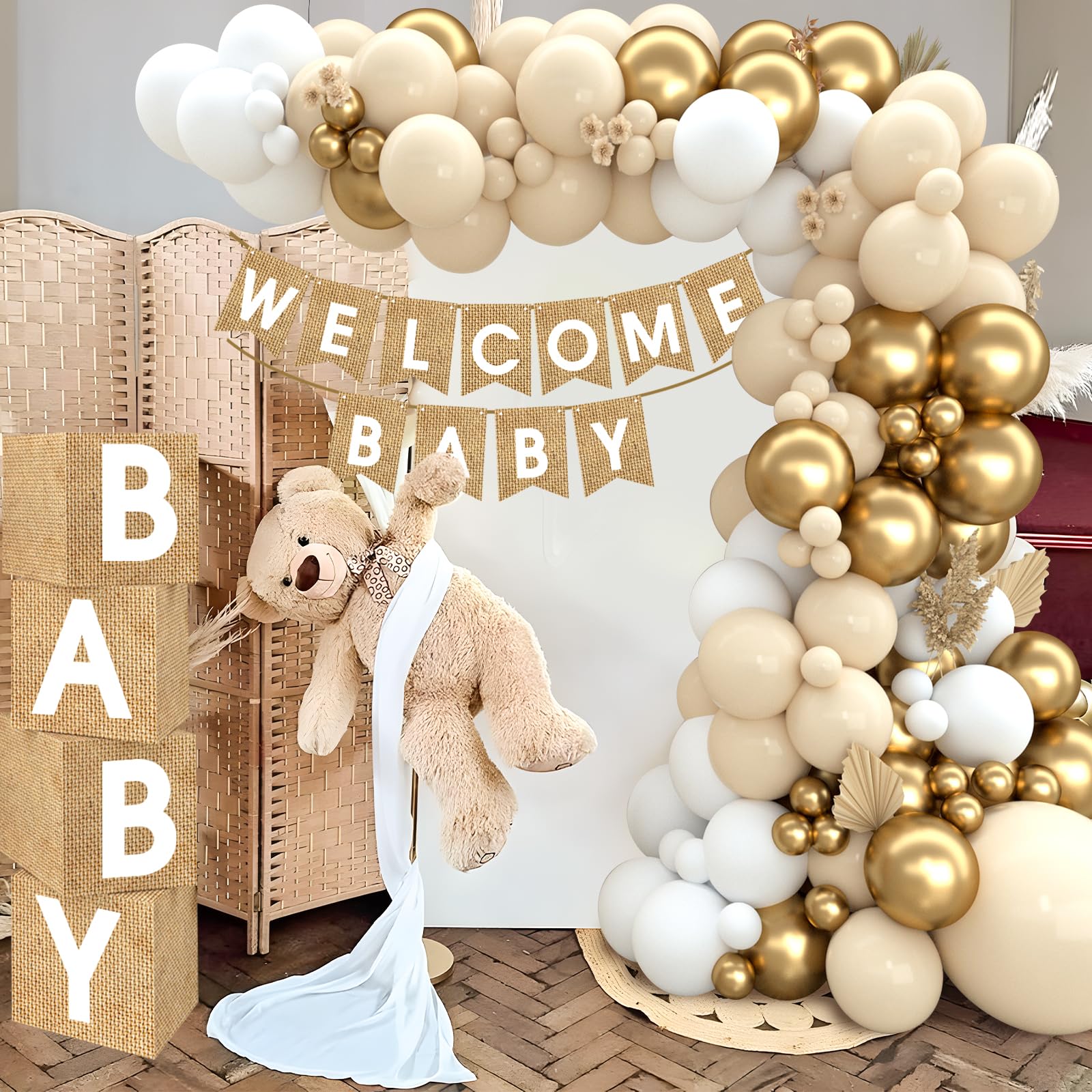 Boho Baby Shower Decorations-97Pcs Burlap Grain Baby Boxes,Nude and Gold Balloons Arch Kit and "WELCOME BABY" Banner for Neutral Baby Shower Decorations,Birthday Party Supplies,Gender Reveal