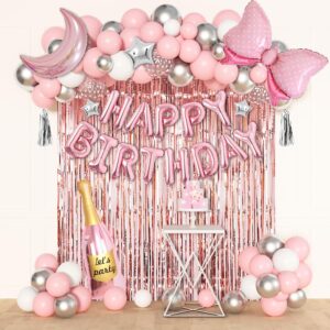 ouddy life pink happy birthday party decorations for women girls, pink happy birthday love crown bow bottle lipstick balloons fringe curtain for princess birthday wedding baby shower party supplies