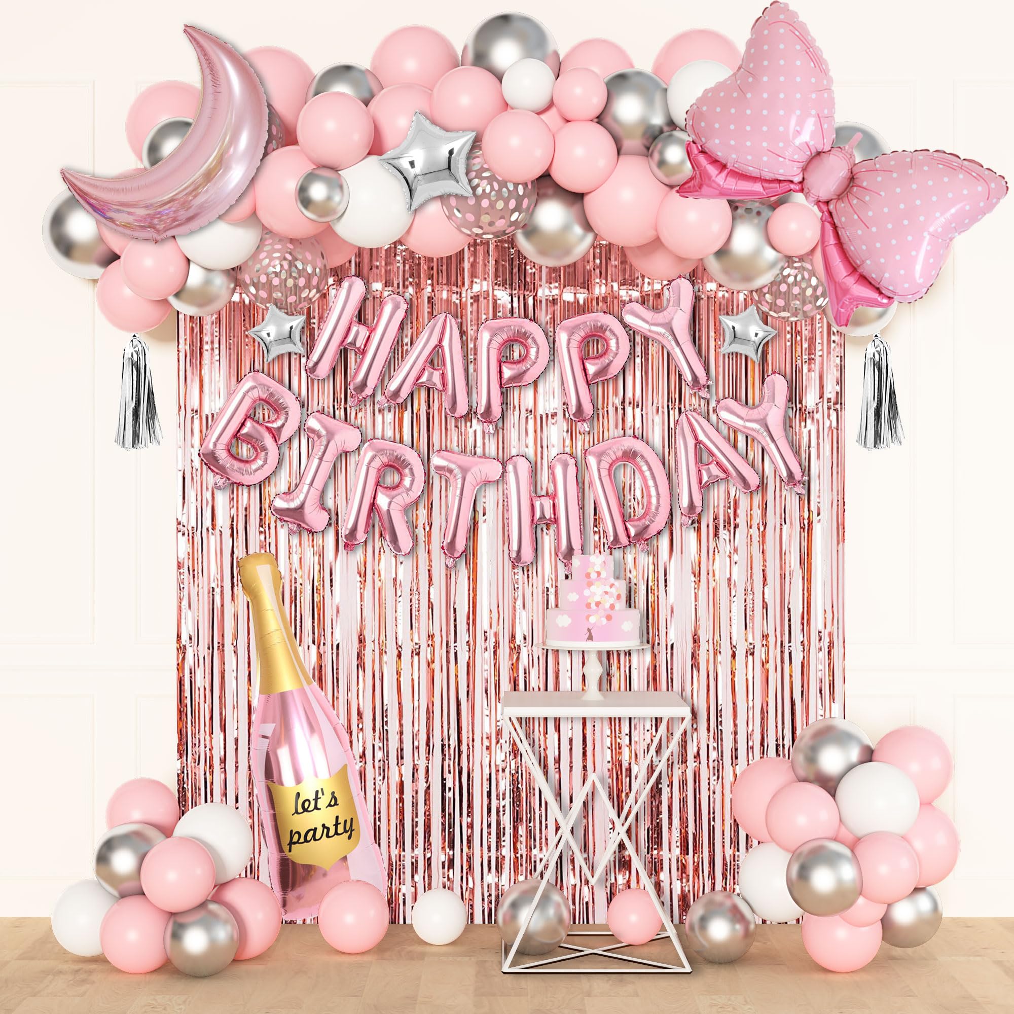 Ouddy Life Pink Happy Birthday Party Decorations for Women Girls, Pink Happy Birthday Love Crown Bow Bottle Lipstick Balloons Fringe Curtain for Princess Birthday Wedding Baby Shower Party Supplies