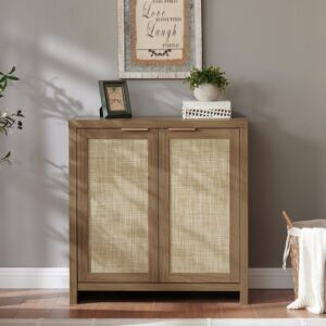 OAKHAM HOME Hampstead Storage Sideboard Cabinet with Rattan Doors and Adjustable Shelves, Buffet Kitchen Cabinet Cupboard Console for Living Room, Set of 2