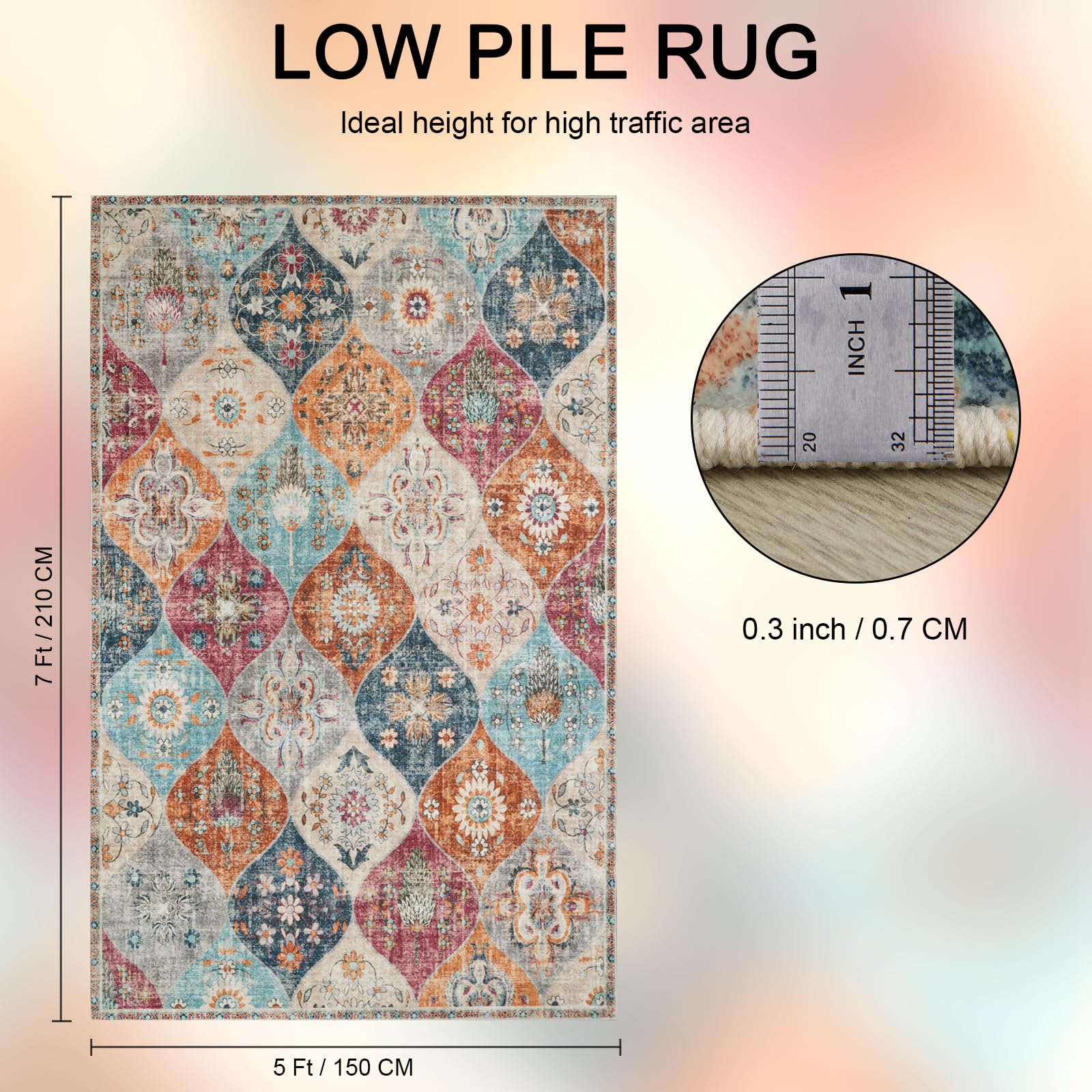 BRICHOEE Moroccan Trellis Area Rug, 5x7 Washable Living Room Rug, Retro Floral Rug Non-Slip, Large Oriental Accent Throw Rug Indoor Rug for Nursery Bedroom Office Carpet