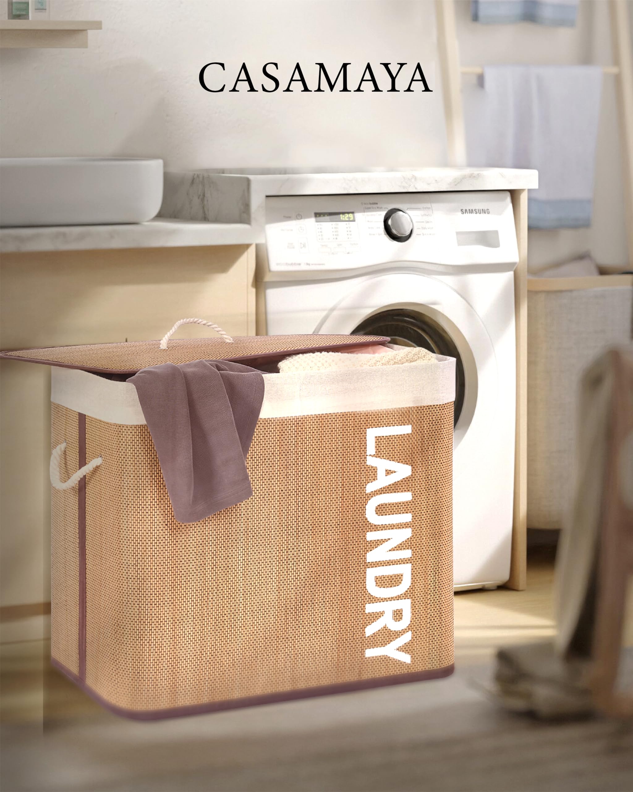 CASAMAYA Laundry Basket, 33.6 Gal (127L) Bamboo Laundry Hamper with 2 Section, Hamper with lid, Foldable, Removable and Machine Washable Liner, for Laundry Room, Bedroom, Natural LHB127Y01