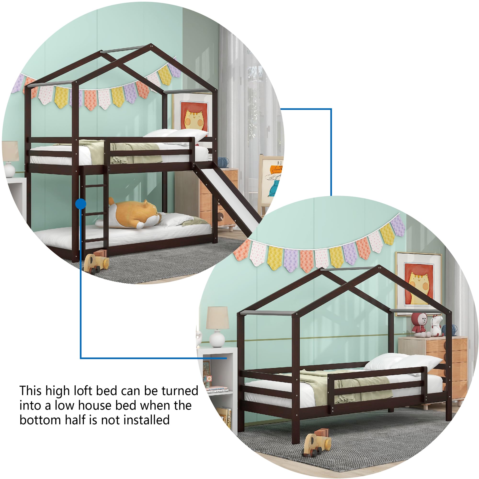 LostCat Twin Over Twin House Bunk Bed with Slide, Ladder, and Roof, Twin Size Wood Bed Frame with Safety Guardrail for Kids, Teens, Boys, Girls, Wooden Slats Support, No Box Spring Needed, Espresso