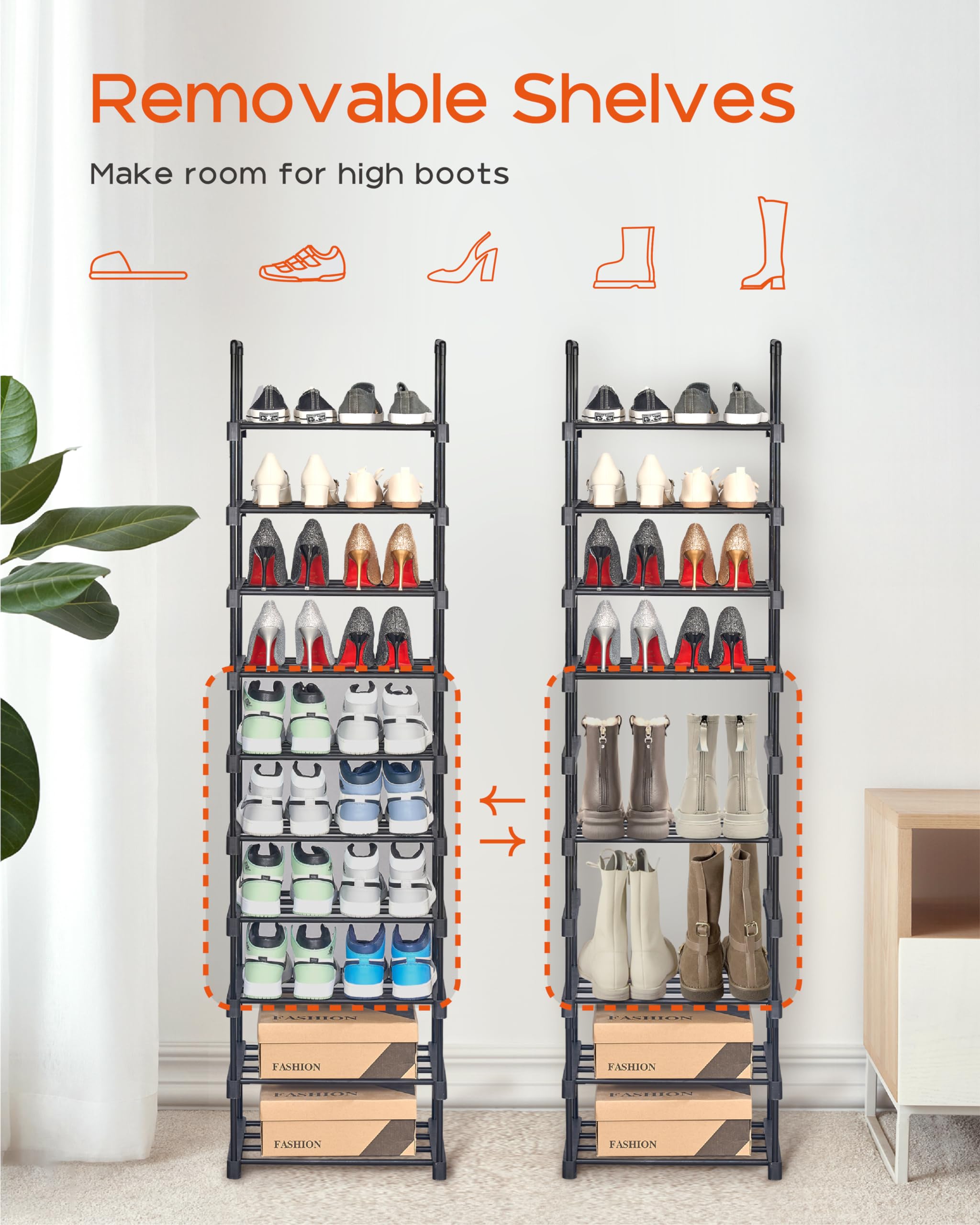 CASAMAYA Shoe Rack, 10 Tier Metal Shoe Organizer, DIY Tall Shoe Storage Shelf for 32 Pairs of Shoes and Boots, Space-Saving, Easy to Assemble, Entryway, Black SRT210B01