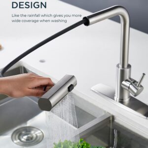 FORIOUS Kitchen Faucet with Pull Down Sprayer, Brushed Nickel Kitchen Faucets Stainless Steel, Waterfall Kitchen Sink Faucet 3 in 1 Function, Modern Faucet for Kitchen Sink, Bar, Laundry, Rv