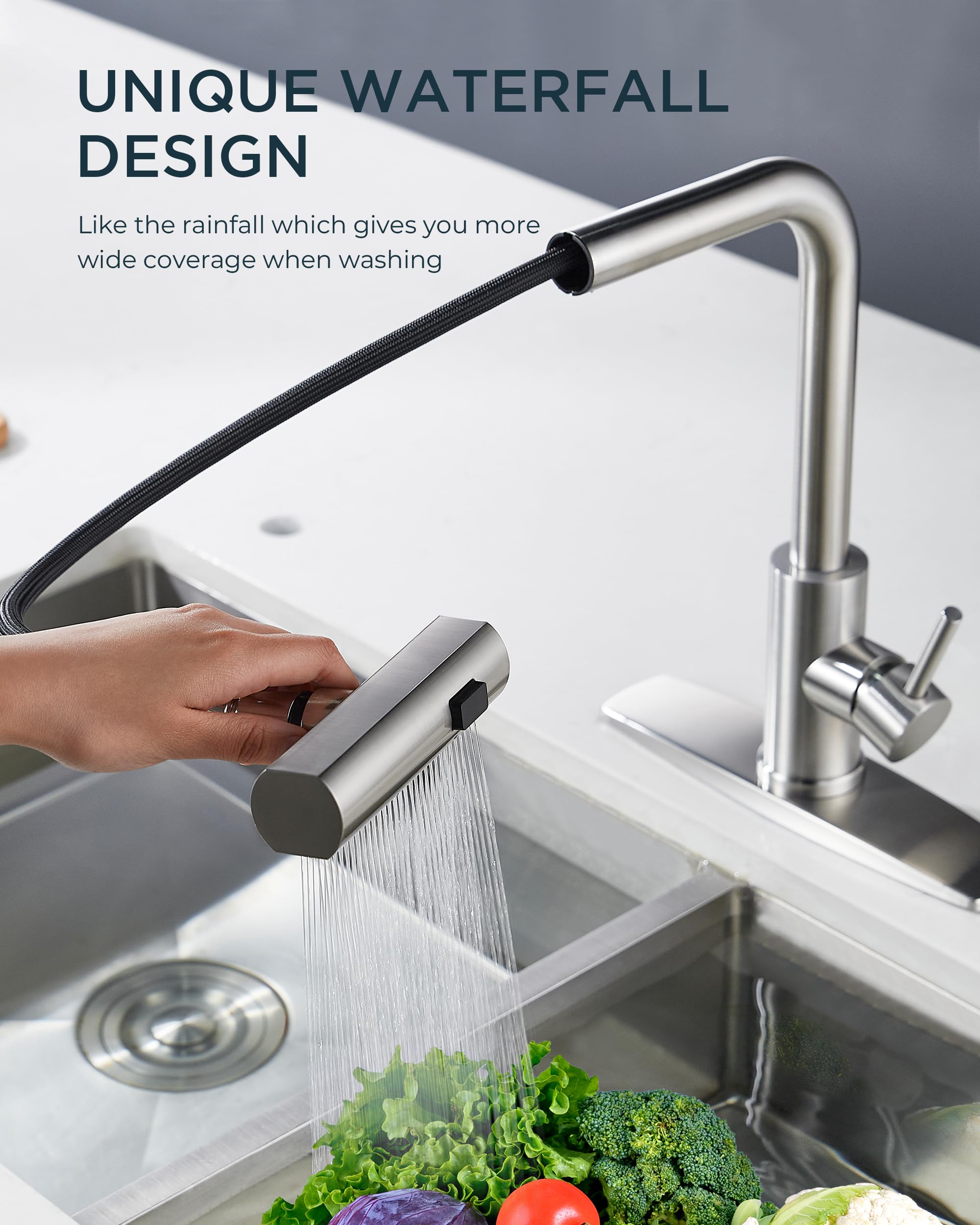 FORIOUS Kitchen Faucet with Pull Down Sprayer, Brushed Nickel Kitchen Faucets Stainless Steel, Waterfall Kitchen Sink Faucet 3 in 1 Function, Modern Faucet for Kitchen Sink, Bar, Laundry, Rv