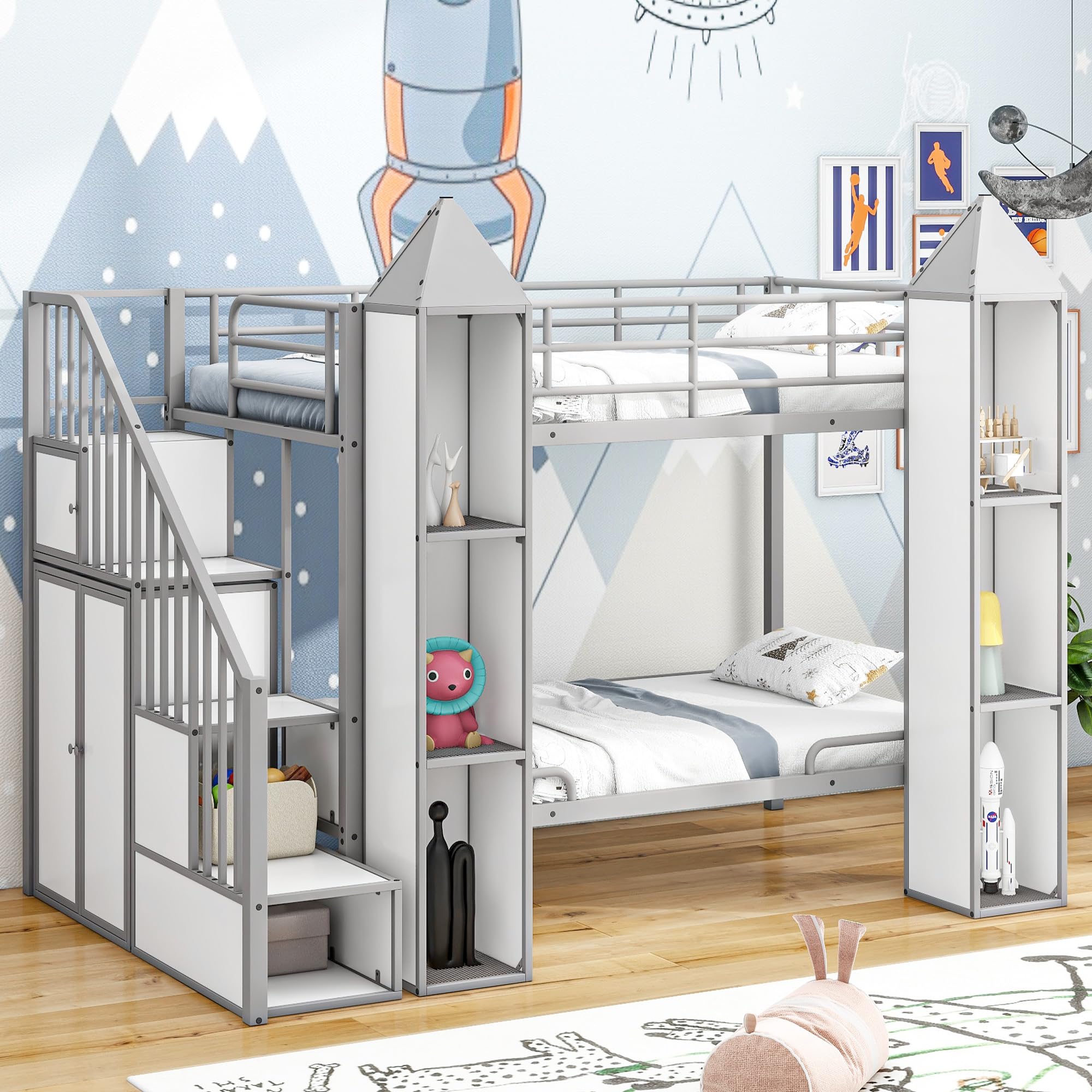 BOVZA Castle Shaped Bunk Bed with Wardrobe and Multiple Storage, Twin Over Twin Metal Bunk Bed Frame with Storage Staircase and Guardrails for Kids Boys Girls Teens, Gray+White