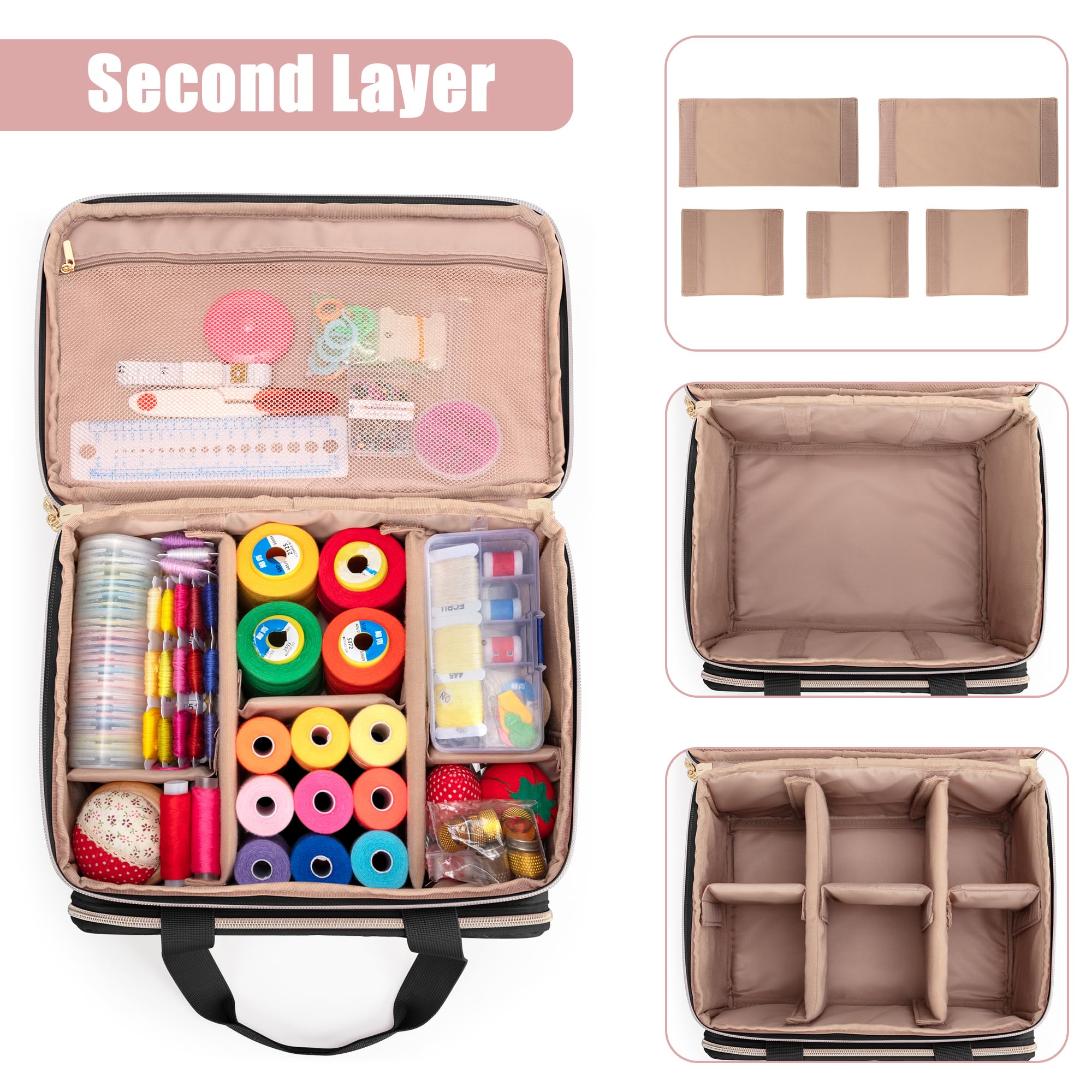 YARWO Double-Layer Sewing Supplies Organizer with 5 Customized Dividers, Portable Sewing Accessories Storage Bag with Multi Pockets for Sewing Kits and Tools, Black (Bag ONLY)