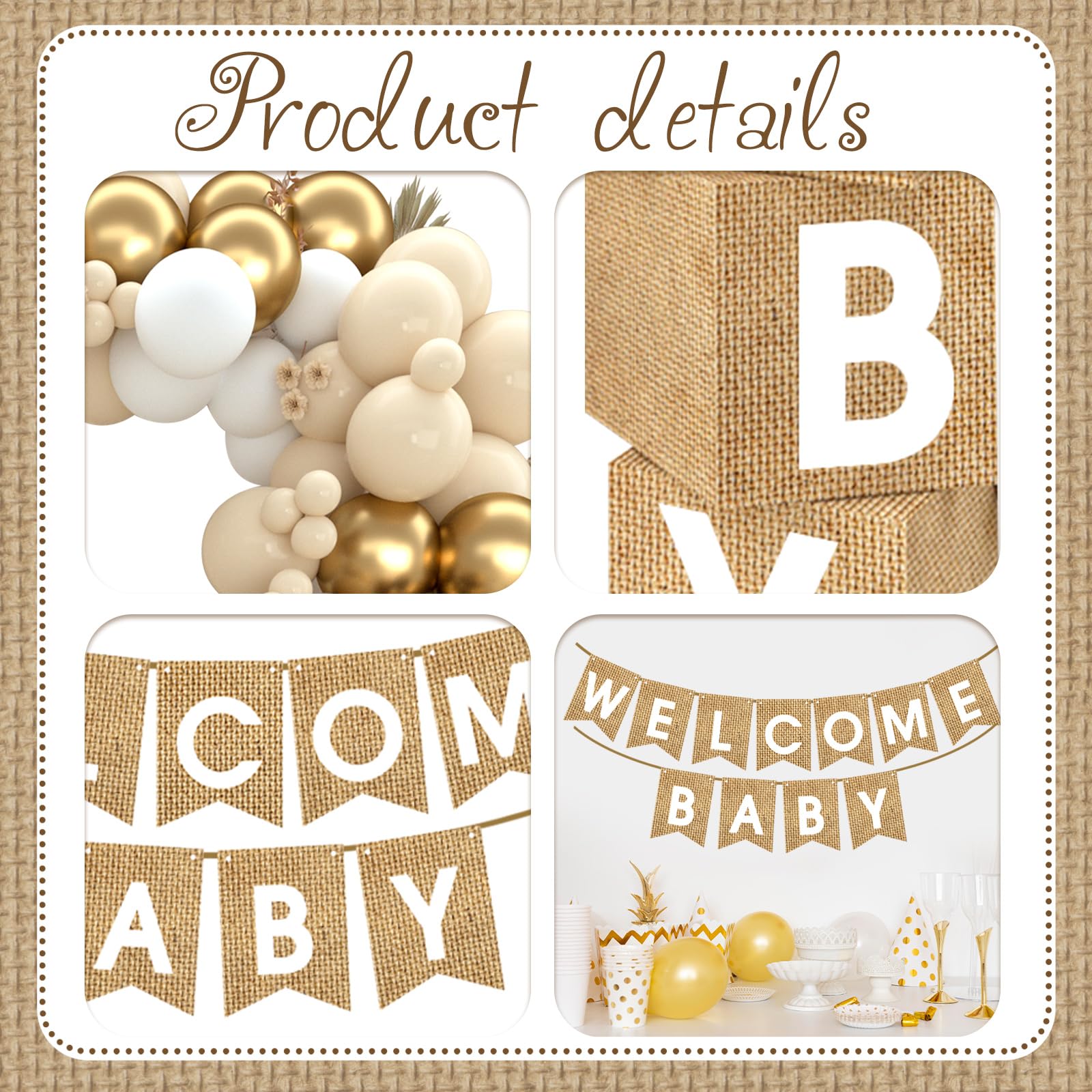 Boho Baby Shower Decorations-97Pcs Burlap Grain Baby Boxes,Nude and Gold Balloons Arch Kit and "WELCOME BABY" Banner for Neutral Baby Shower Decorations,Birthday Party Supplies,Gender Reveal