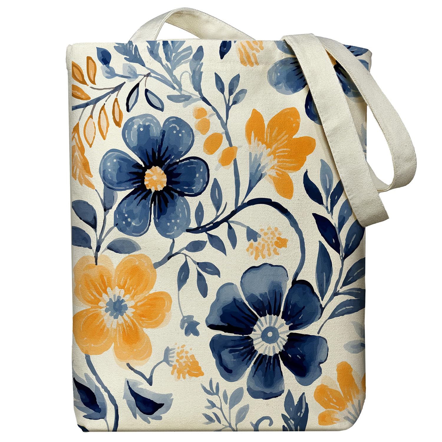 Canvas Tote Bag With Zipper Floral Tote Bag Women Canvas Tote Bag Pocket Handles Double-Sided Pattern Flower Book Tote Shoulder Bag Canvas Bag for Grocery Shopping Travel Commuting Daily College Gifts