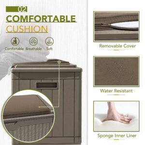 GUNJI 100 Gallon Resin Deck Box with Cushion,Outdoor Weatherproof Large Storage Box,Lockable Storage Container for Patio Furniture,Garden Tools,Pool Supplies (Light Brown)