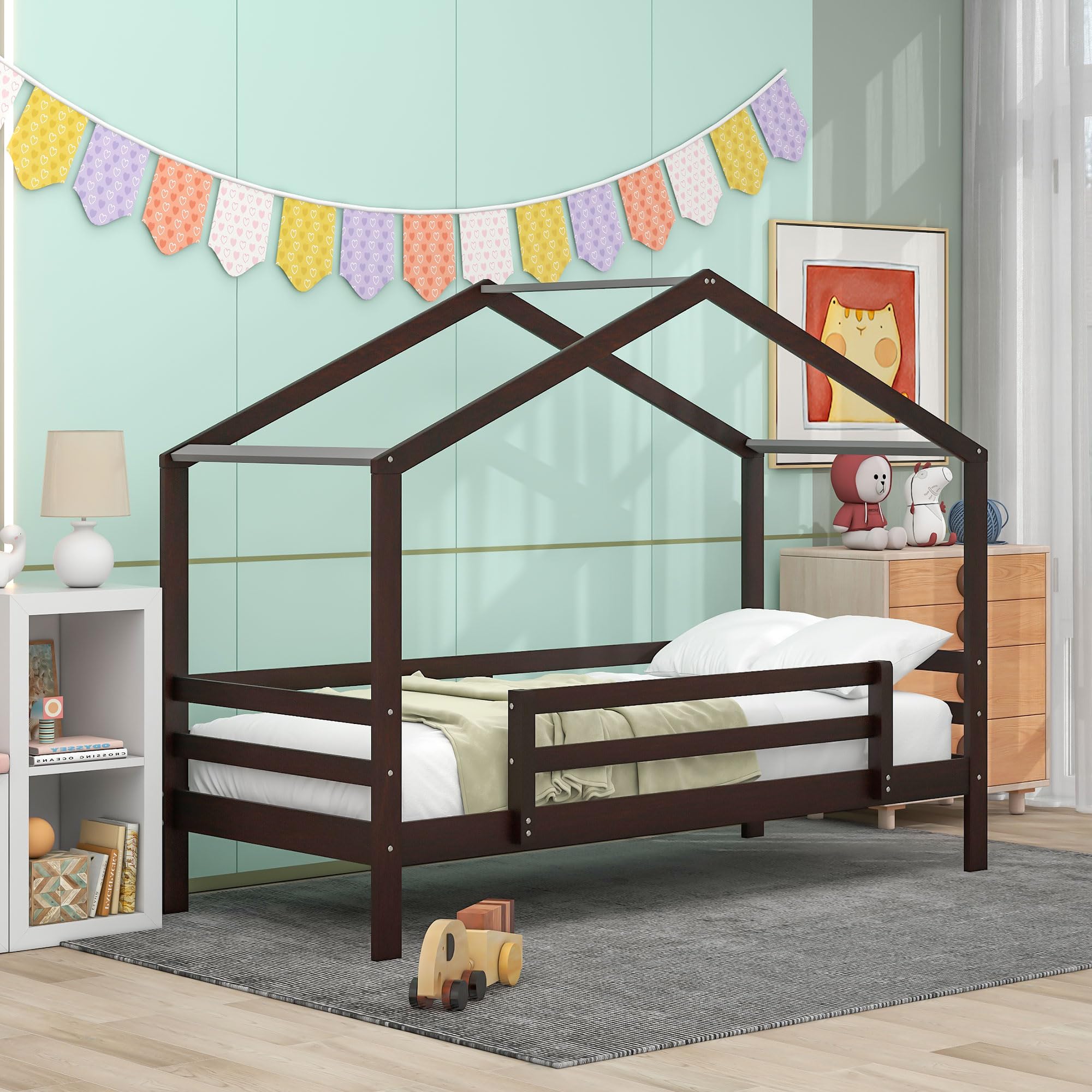 LostCat Twin Over Twin House Bunk Bed with Slide, Ladder, and Roof, Twin Size Wood Bed Frame with Safety Guardrail for Kids, Teens, Boys, Girls, Wooden Slats Support, No Box Spring Needed, Espresso