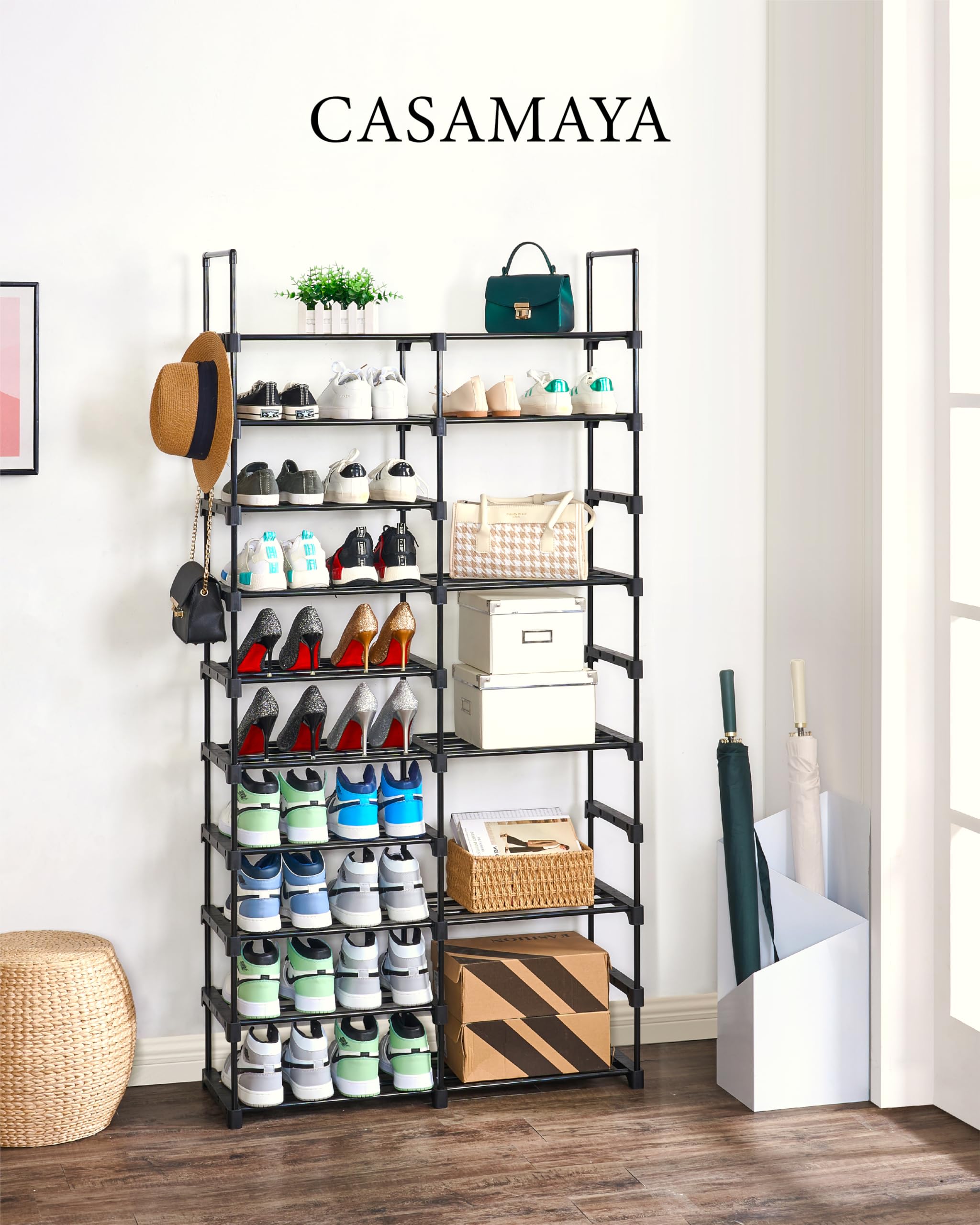 CASAMAYA Shoe Rack, 10 Tier Metal Shoe Organizer, DIY Tall Shoe Storage Shelf for 32 Pairs of Shoes and Boots, Space-Saving, Easy to Assemble, Entryway, Black SRT210B01