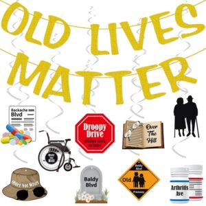 old lives matter funny birthday banner gold glitter, over the hill funny birthday decorations, old lives matter funny birthday decorations, fun retirement party supplies for dad grandpa old man