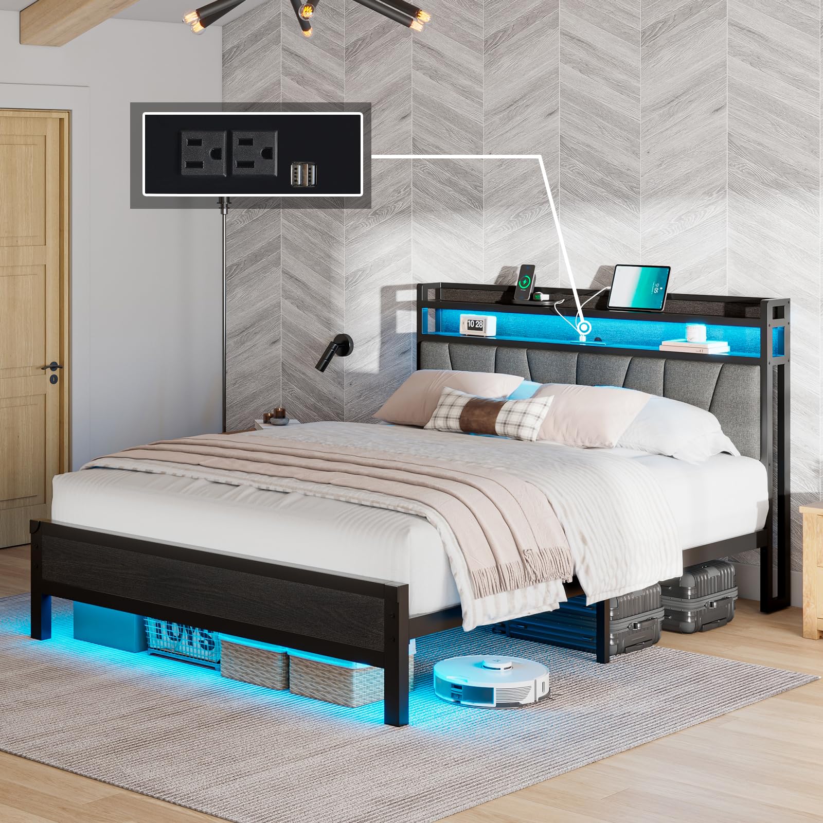 LUXOAK Full Size Bed Frame with RGBW LED Lights & Charging Station, Linen Upholstered Headboard with 2-Tier Storage, Stable Metal Platform, Easy Assembly/No Box Spring Needed/Noise-Free, Black