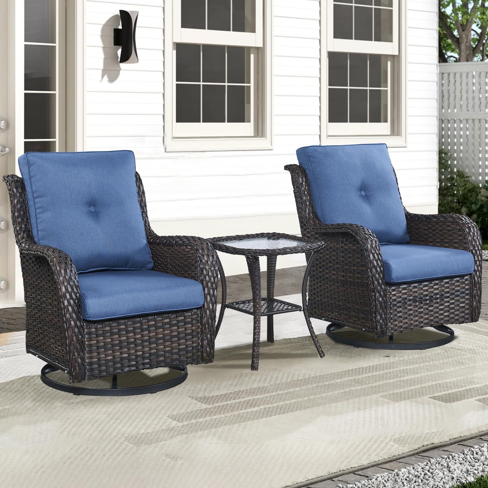 Outdoor Swivel Rocker Patio Chairs with Side Table 3 Pieces PE Wicker Patio Furniture Set for Porch Deck Balcony Garden-Brown/Blue