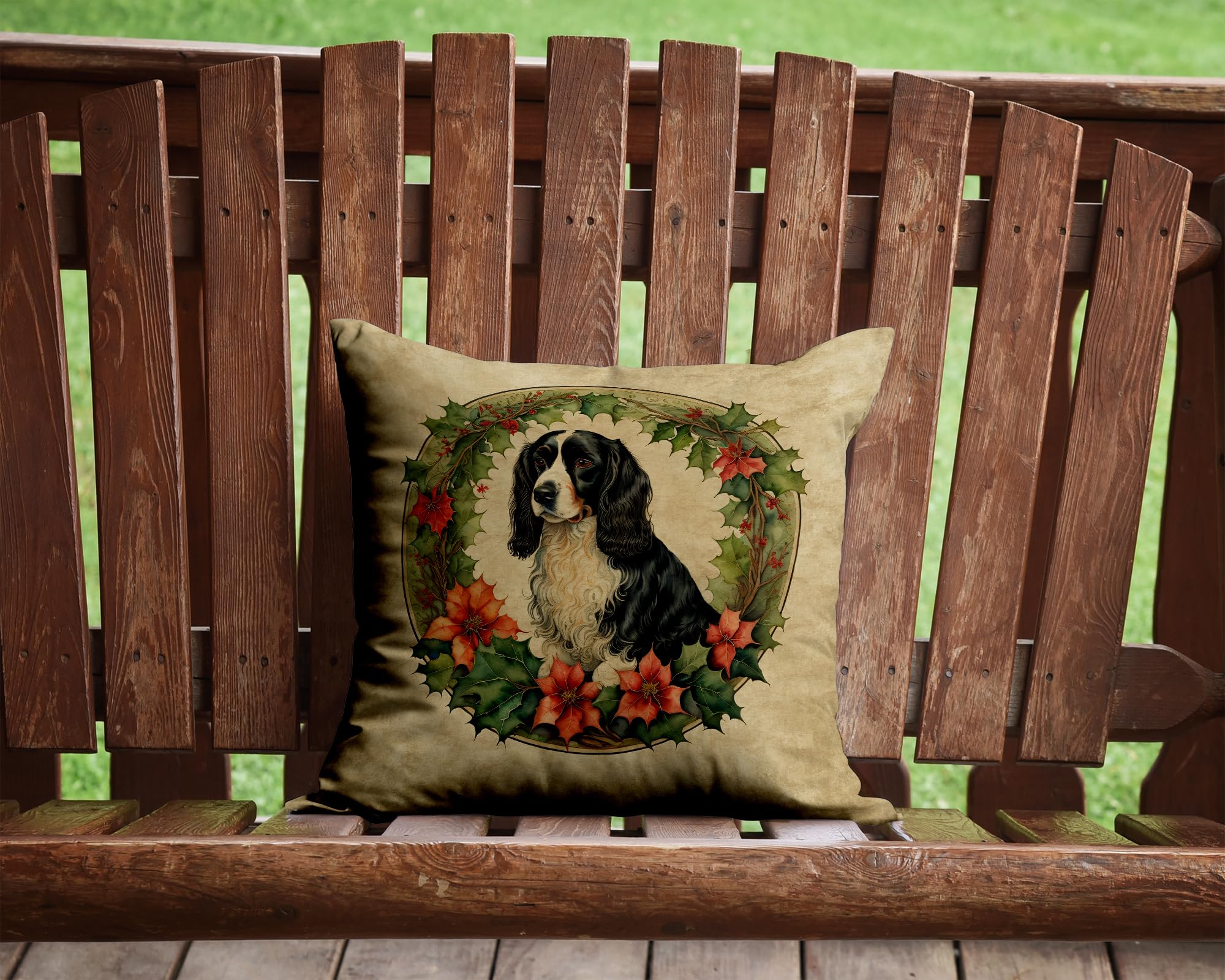 Caroline's Treasures DAC2443PW1414 Welsh Springer Spaniel Christmas Flowers Throw Pillow Machine Washable, Indoor Outdoor Decorative Pillow for Couch, Bed or Patio, 14Hx14W