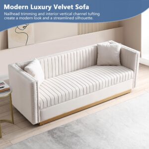 mikibama Modern Velvet Loveseat Sofa, 78 Inch Channel Tufted Sofa Couch, Luxury 3 Seater Couch with 2 Pillows and Gold Metal Legs for Living Room, Bedroom, Apartment (Beige)