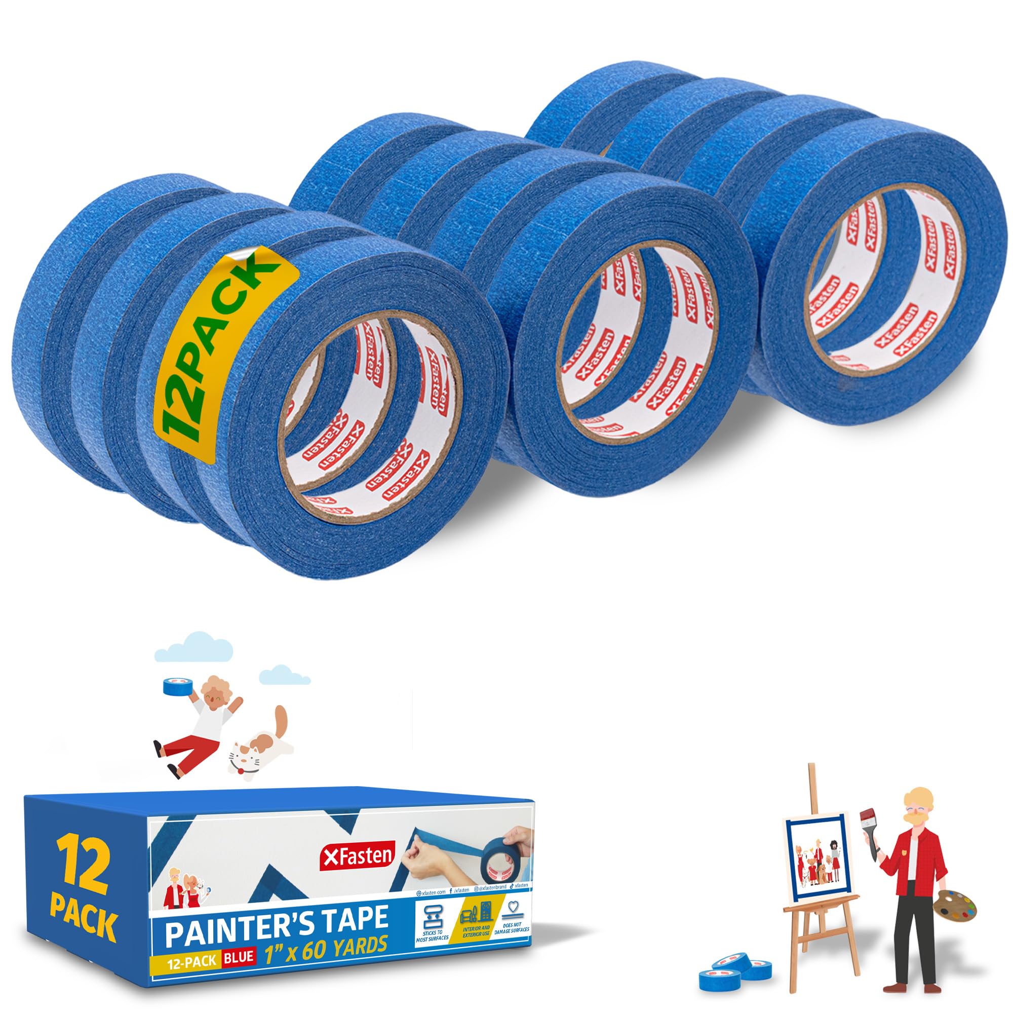 XFasten Blue Painters Tape Bulk 12-Pack 1 Inch x 60-Yards 2160ft Total, Wall Safe Blue Masking Tape 1 Inch Wide, Blue Paint Tape for Walls Paint Masking Tape Blue Tape Painters Masking Tape