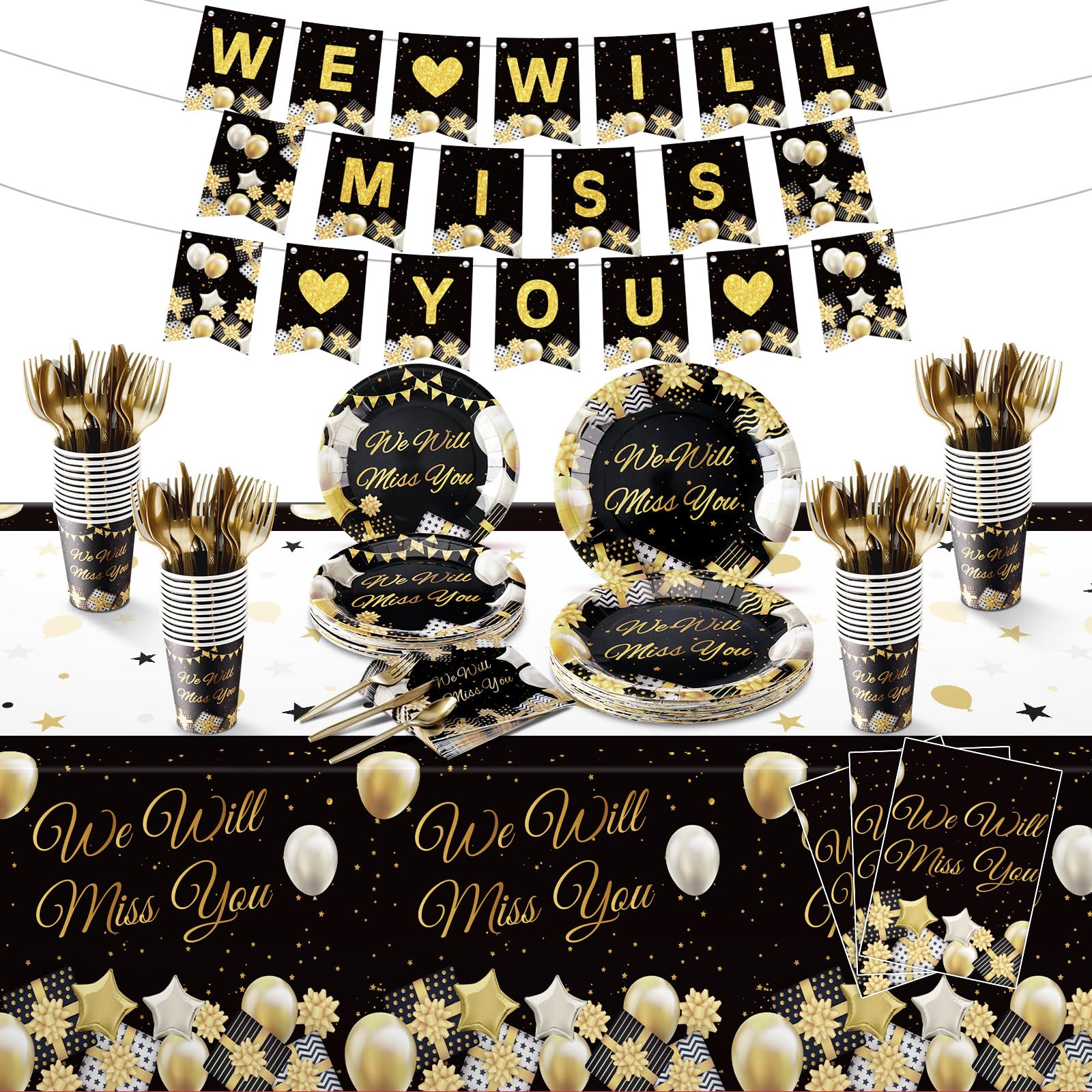 Pickmesh 175 Pcs We Will Miss You Theme Party Decorations Tableware Banner and Accessories Serving 24 Guests for Farewell Anniversary Retirement Graduation Party Supplies