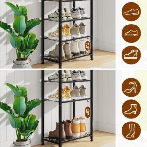 Simple Trending 8 Tiers Shoe Rack 16 Pairs Tall Wooden Plank Shoe Shelf with Hooks for Closet Entryway Organizer Sturdy Free Standing Shoe Storage Cabinet，Black