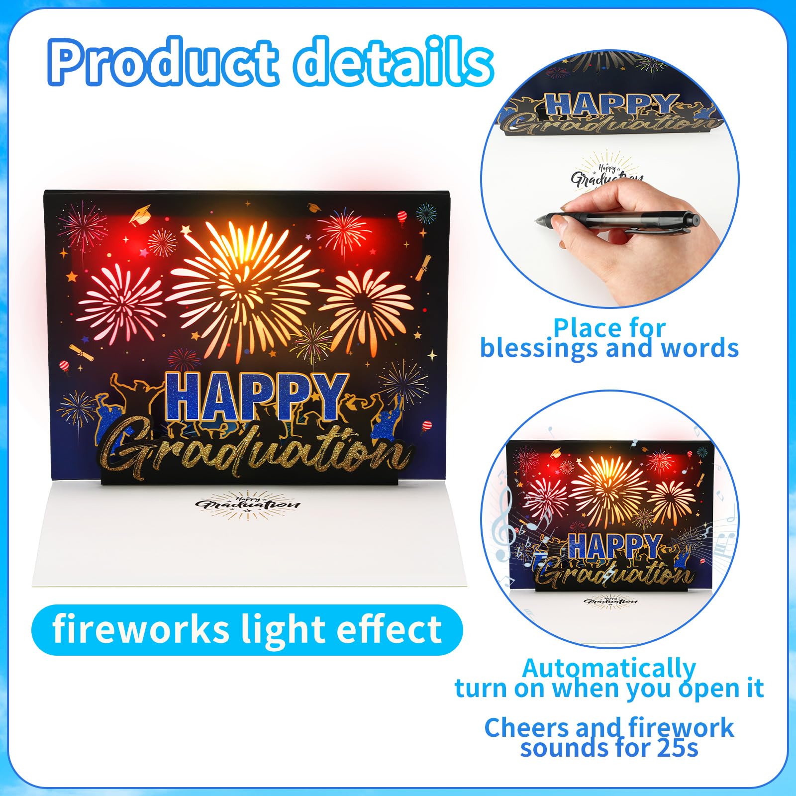 ReliThick 2024 Graduation Fireworks 3D Pop Up Greeting Card Congrats Grad Card Congratulations Personalized Gift Class Of 2024 for High School College University PHD Graduates (Blue and Gold)