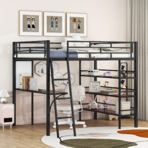 favfurish full size loft metal bed with 3 layers of shelves and desk, heavy duty stylish bed frame w/whiteboard,safety guardrail & ladder,for kids teens adults,black