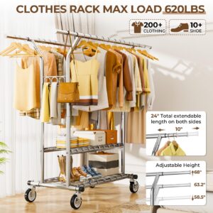 HYSEYY Heavy Duty Clothes Rack, Rolling Clothing Rack With Shelves Load 620 LBS, Double Rod Clothing Racks for Hanging Clothes, Portable& Adjustable Clothes Rack with Wheels Garment Rack