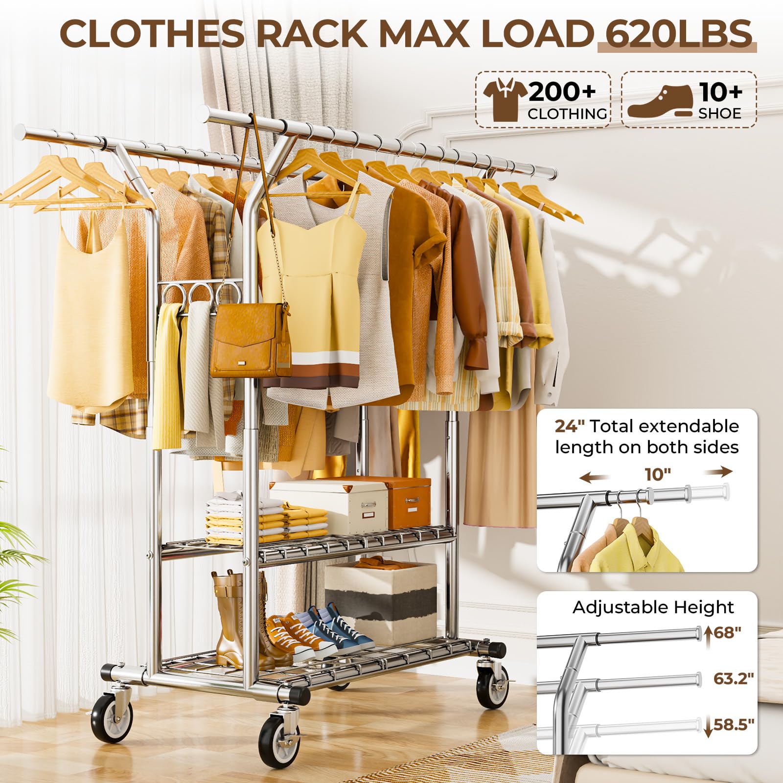 HYSEYY Heavy Duty Clothes Rack, Rolling Clothing Rack With Shelves Load 620 LBS, Double Rod Clothing Racks for Hanging Clothes, Portable& Adjustable Clothes Rack with Wheels Garment Rack