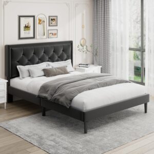 Sismplly Full Size Platform Bed Frame with Velvet Headboard, Modern Upholstered Mattress Foundation with Wooden Slats Support, No Box Spring Needed, Noise Free, Easy Assembly, Black