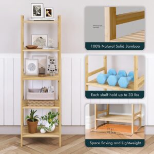 HITNET Tall Narrow Bookshelf, 5 Tier Bathroom Shelf Bamboo, Floor Standing Display Storage Organizer for Small Space, Adjustable Shelves, Natural Wood Bookcase