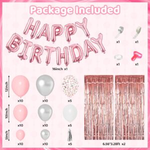 Ouddy Life Pink Happy Birthday Party Decorations for Women Girls, Pink Happy Birthday Love Crown Bow Bottle Lipstick Balloons Fringe Curtain for Princess Birthday Wedding Baby Shower Party Supplies