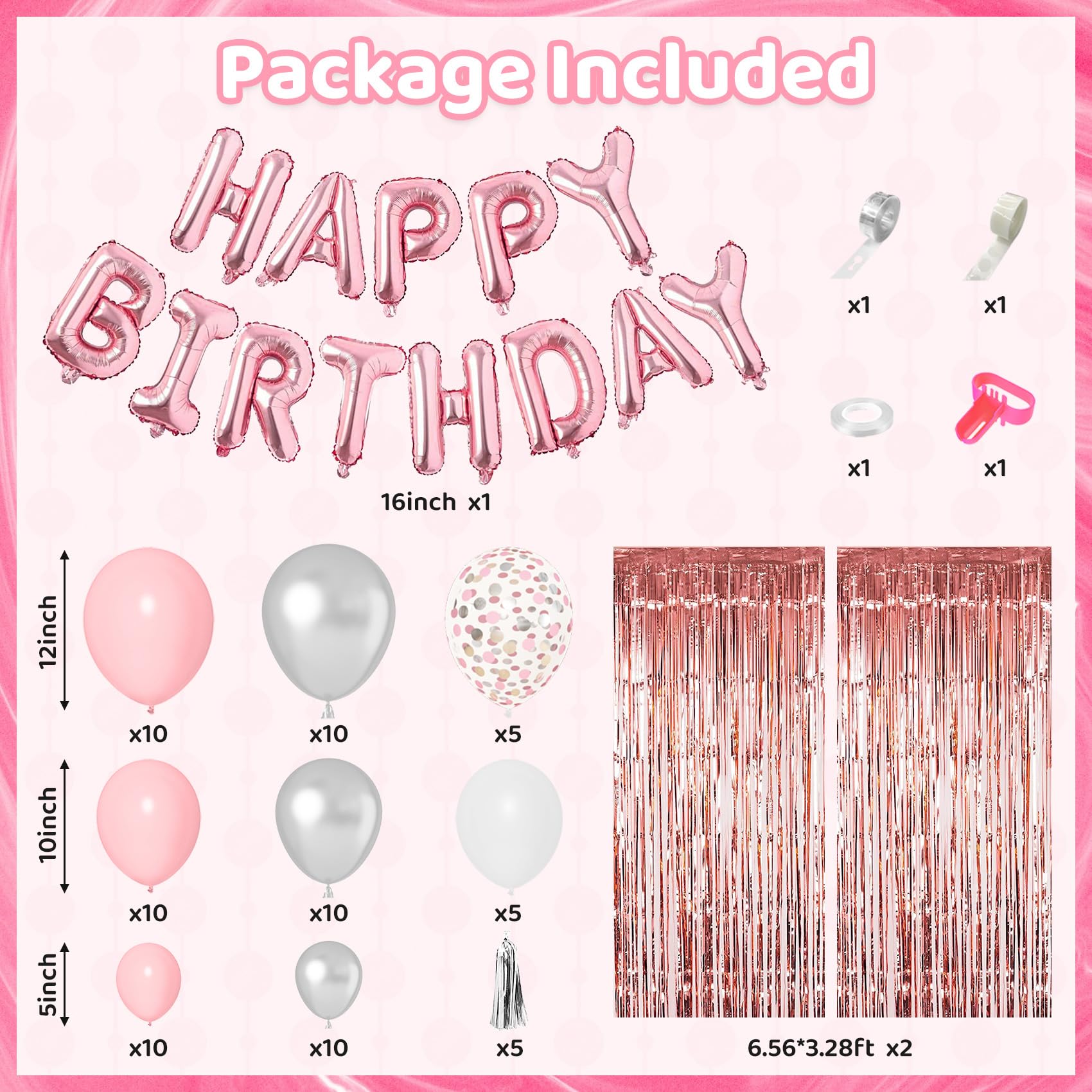 Ouddy Life Pink Happy Birthday Party Decorations for Women Girls, Pink Happy Birthday Love Crown Bow Bottle Lipstick Balloons Fringe Curtain for Princess Birthday Wedding Baby Shower Party Supplies