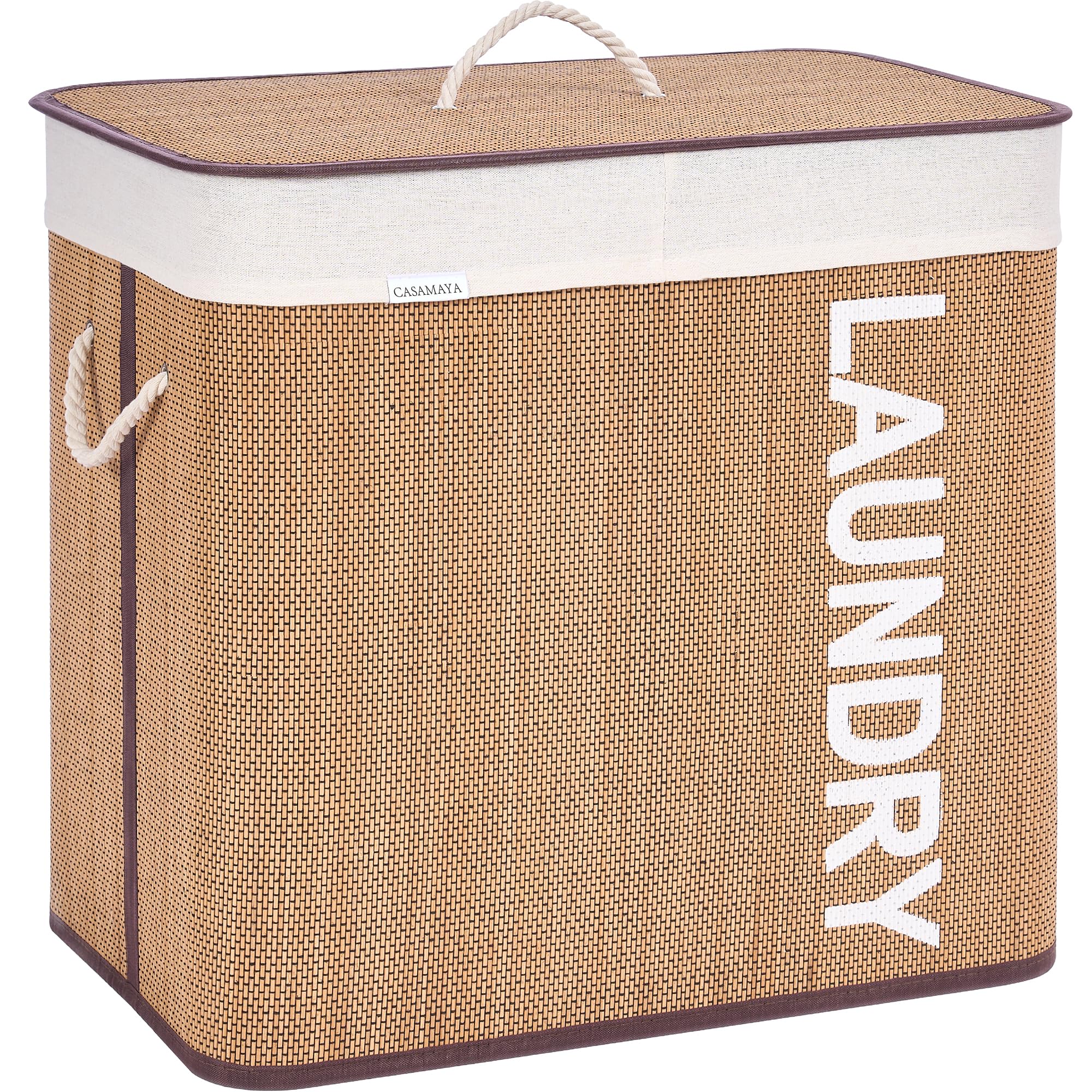 CASAMAYA Laundry Basket, 33.6 Gal (127L) Bamboo Laundry Hamper with 2 Section, Hamper with lid, Foldable, Removable and Machine Washable Liner, for Laundry Room, Bedroom, Natural LHB127Y01