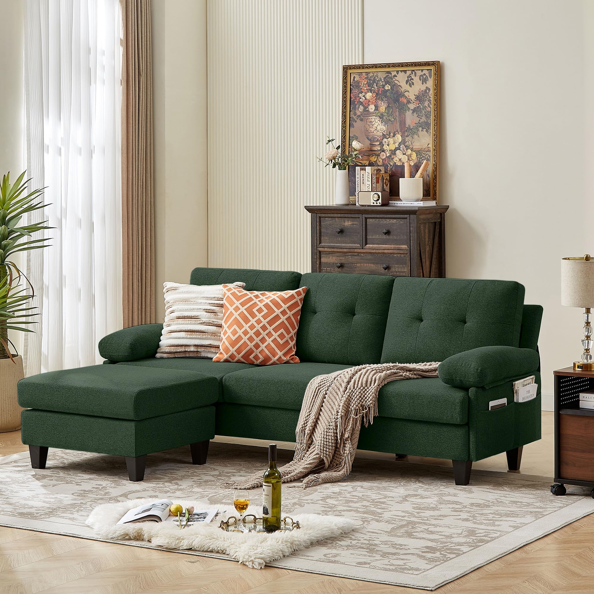 Soscana 86" Convertible Sectional Sofa Couch, Polyster Fibre L Shaped Couch with Reversible Chaise, Deep Seat Cushion, 3 Seater Sofa for Living Room,Apartment and Small Space, Green