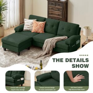 Soscana 86" Convertible Sectional Sofa Couch, Polyster Fibre L Shaped Couch with Reversible Chaise, Deep Seat Cushion, 3 Seater Sofa for Living Room,Apartment and Small Space, Green