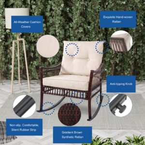 CIRMUBUY 3 Pieces Patio Furniture Set, Outdoor Rocking Chairs Set of 2, Wicker Cushioned Patio Rocker with Side Table for Porch, Garden, Poolside & Deck, Beige