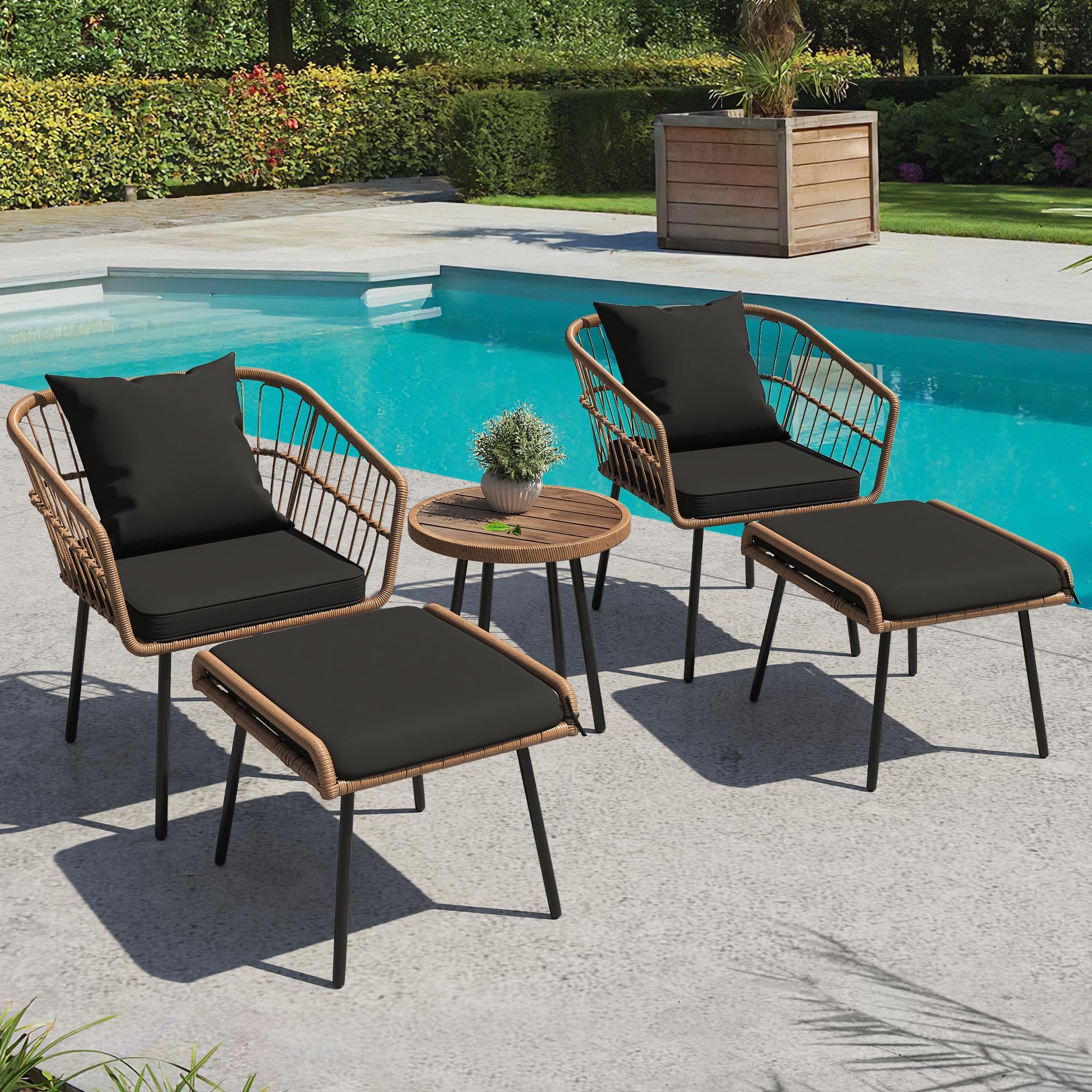 YITAHOME 5-Piece Outdoor Wicker Furniture Set, All-Weather Patio Bistro Set with Footrest, Small Patio Conversation Set for Balcony Outside, Outdoor Chairs with Ottomans and Coffee Table - Black