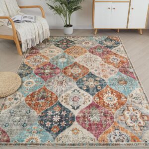 brichoee moroccan trellis area rug, 5x7 washable living room rug, retro floral rug non-slip, large oriental accent throw rug indoor rug for nursery bedroom office carpet