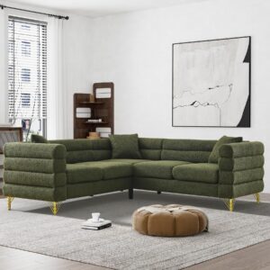 Wrofly L Shaped Corner Sectional Couch, Overstuffed Sherpa Deep Seat Cloud Sofa with 5 Pillows, Sofa and Loveseat Furniture Sets for Living Room Bedroom, Olive Green Teddy