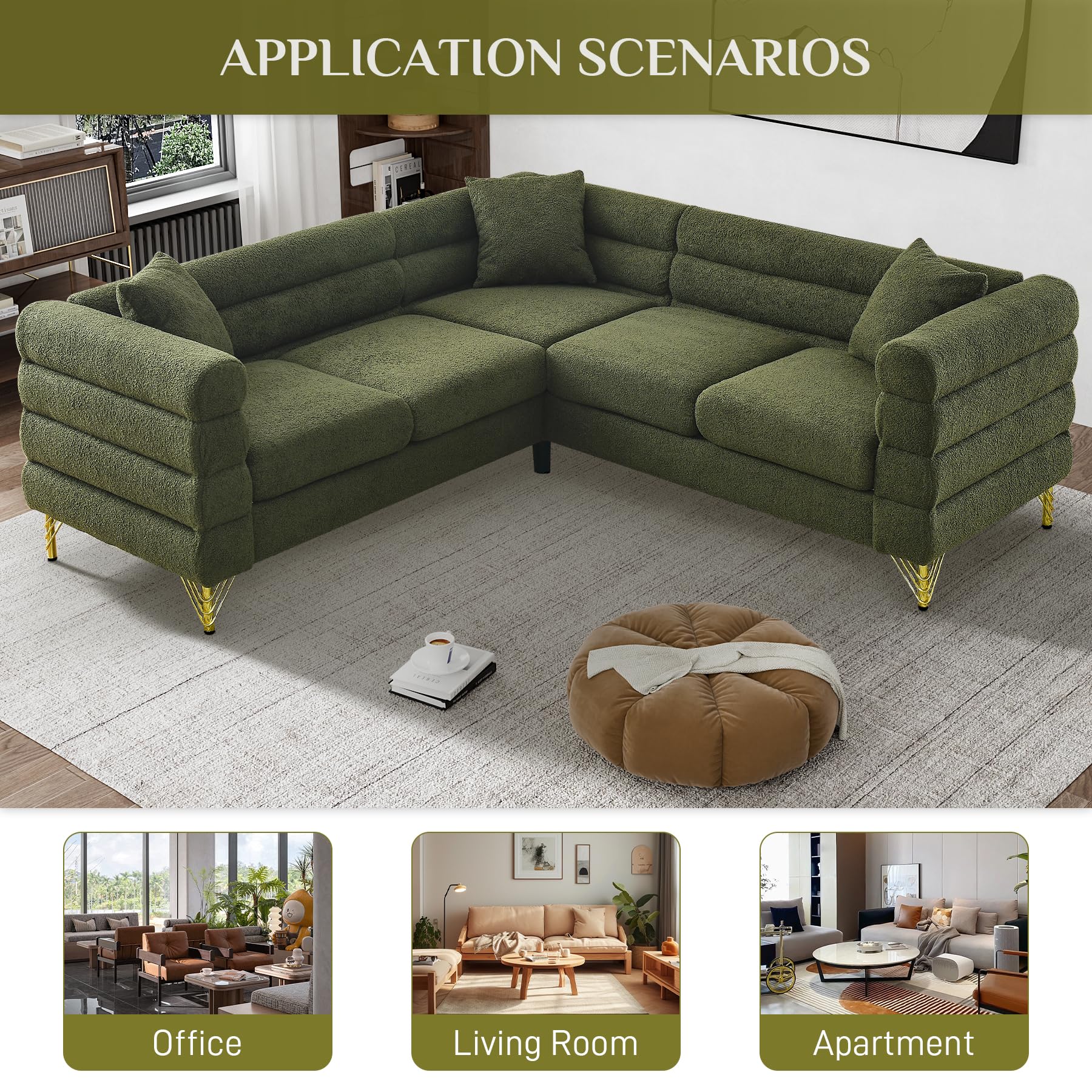 Wrofly L Shaped Corner Sectional Couch, Overstuffed Sherpa Deep Seat Cloud Sofa with 5 Pillows, Sofa and Loveseat Furniture Sets for Living Room Bedroom, Olive Green Teddy