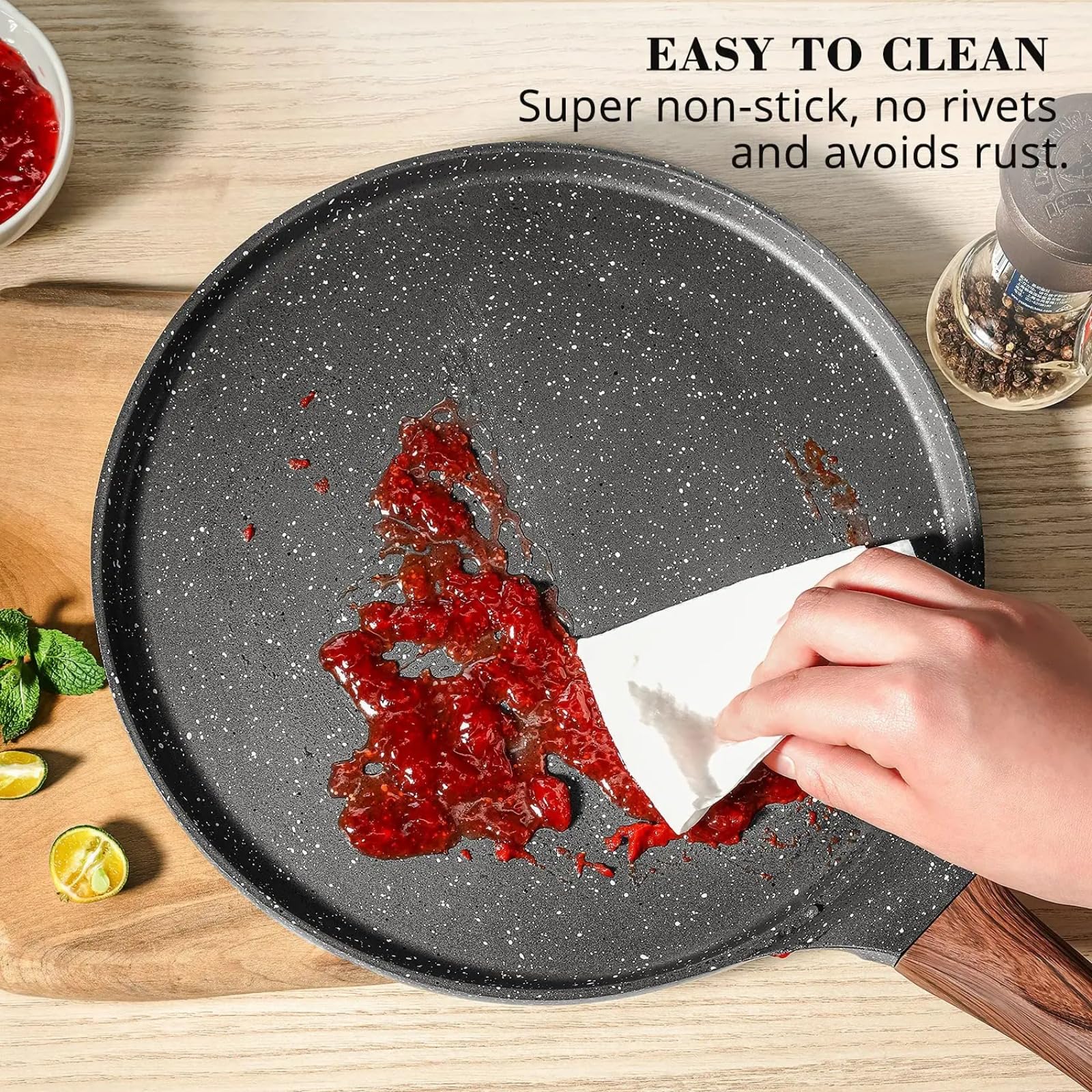 DOTUHAO Nonstick Crepe Pan Set, 5 Piece Set Kitchen Pancake Grill Pan, 11 Inch Granite Coating Flat Skillet Tawa Dosa Tortilla Pan, Pizza Pan, Fry Pan Compatible with All Stovetops