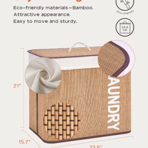 CASAMAYA Laundry Basket, 33.6 Gal (127L) Bamboo Laundry Hamper with 2 Section, Hamper with lid, Foldable, Removable and Machine Washable Liner, for Laundry Room, Bedroom, Natural LHB127Y01