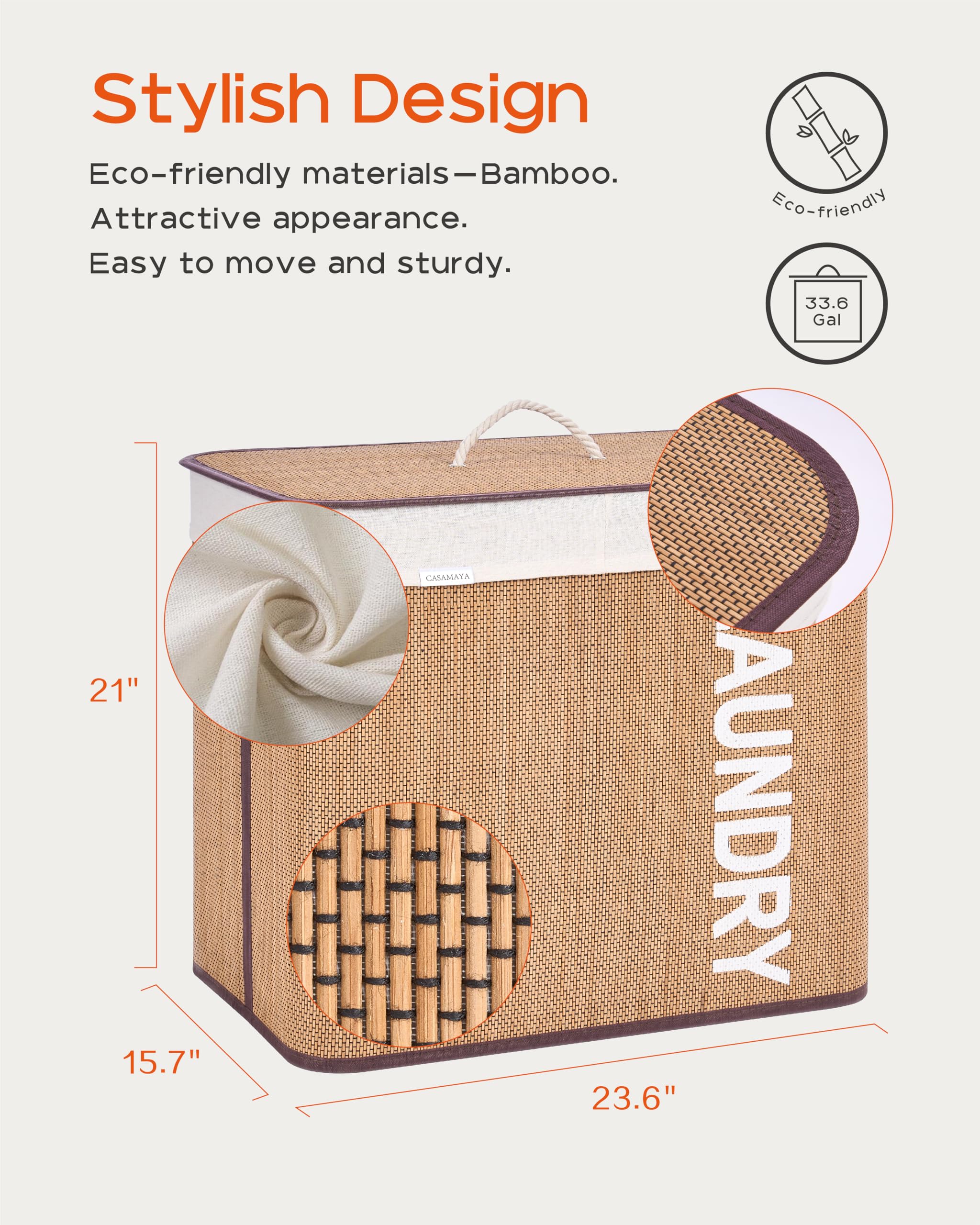 CASAMAYA Laundry Basket, 33.6 Gal (127L) Bamboo Laundry Hamper with 2 Section, Hamper with lid, Foldable, Removable and Machine Washable Liner, for Laundry Room, Bedroom, Natural LHB127Y01