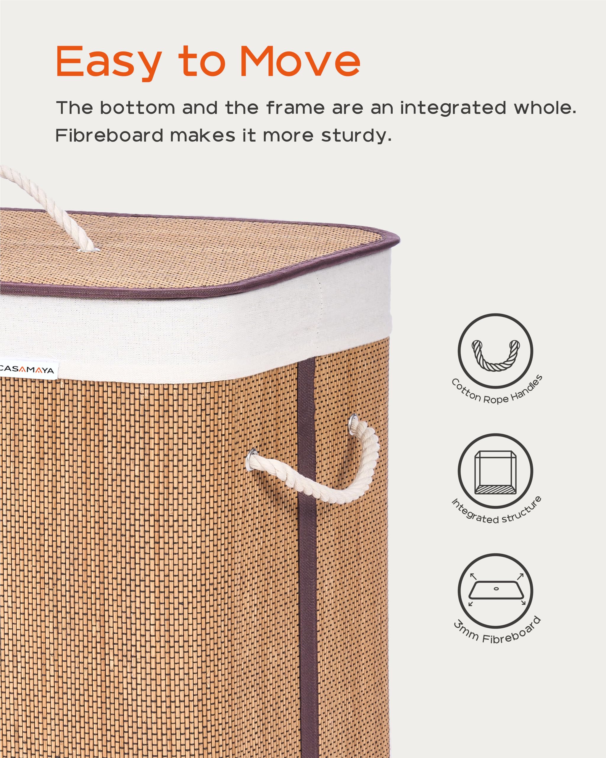 CASAMAYA Laundry Basket, 33.6 Gal (127L) Bamboo Laundry Hamper with 2 Section, Hamper with lid, Foldable, Removable and Machine Washable Liner, for Laundry Room, Bedroom, Natural LHB127Y01