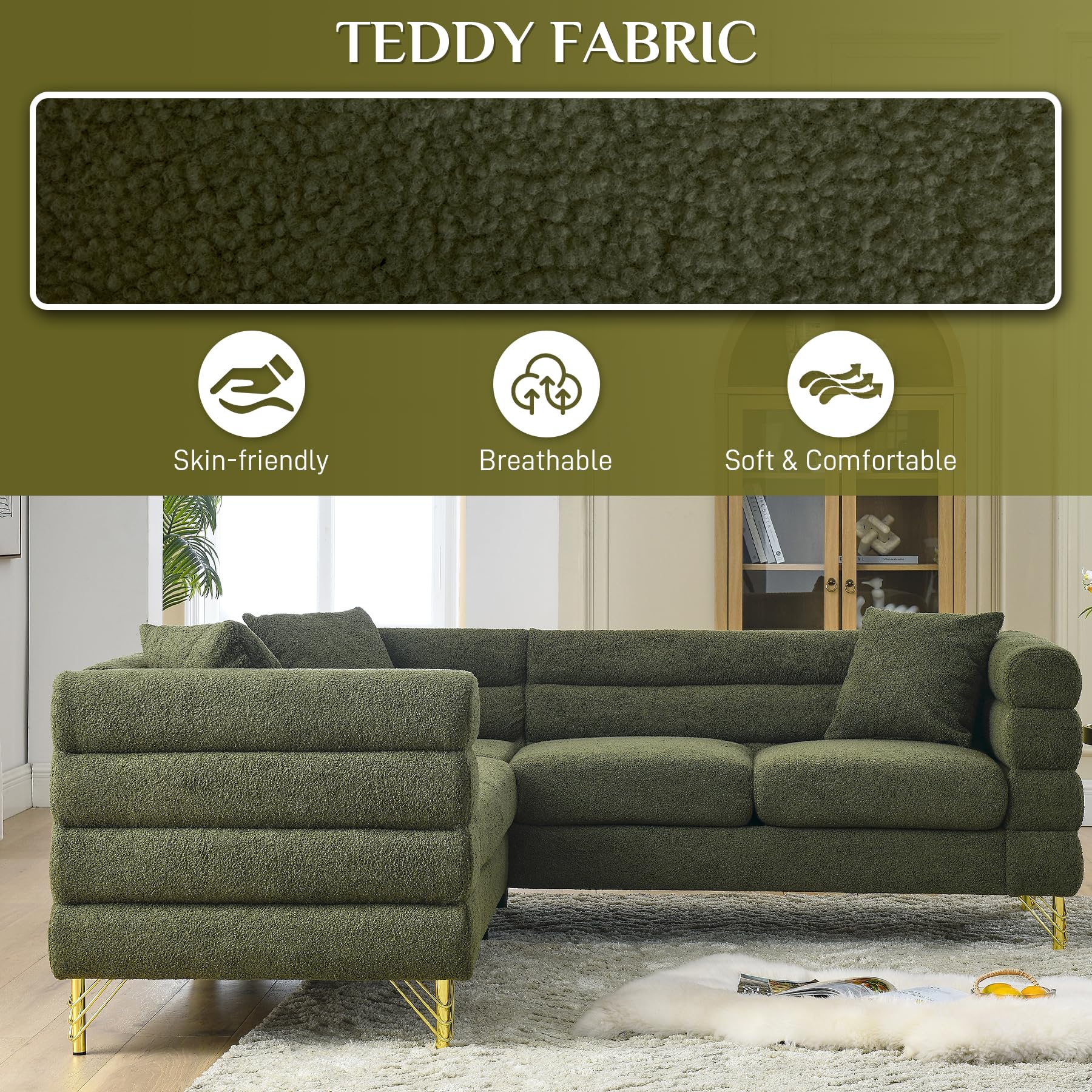 Wrofly L Shaped Corner Sectional Couch, Overstuffed Sherpa Deep Seat Cloud Sofa with 5 Pillows, Sofa and Loveseat Furniture Sets for Living Room Bedroom, Olive Green Teddy