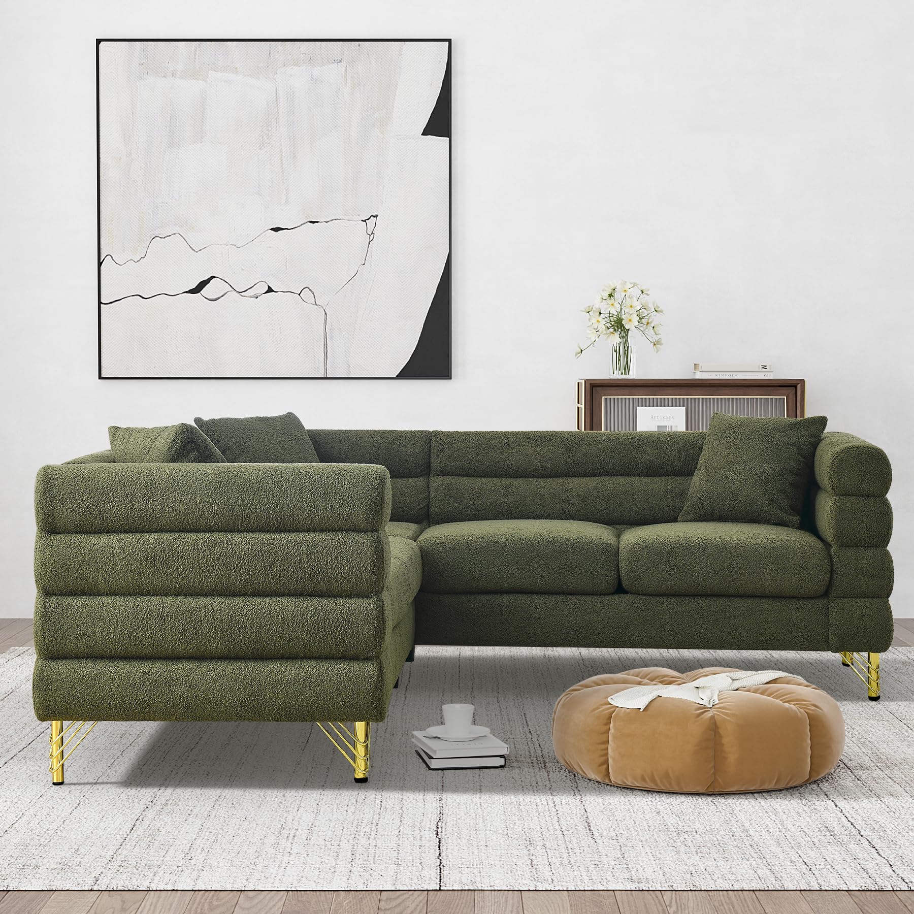 Wrofly L Shaped Corner Sectional Couch, Overstuffed Sherpa Deep Seat Cloud Sofa with 5 Pillows, Sofa and Loveseat Furniture Sets for Living Room Bedroom, Olive Green Teddy