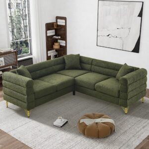 wrofly l shaped corner sectional couch, overstuffed sherpa deep seat cloud sofa with 5 pillows, sofa and loveseat furniture sets for living room bedroom, olive green teddy